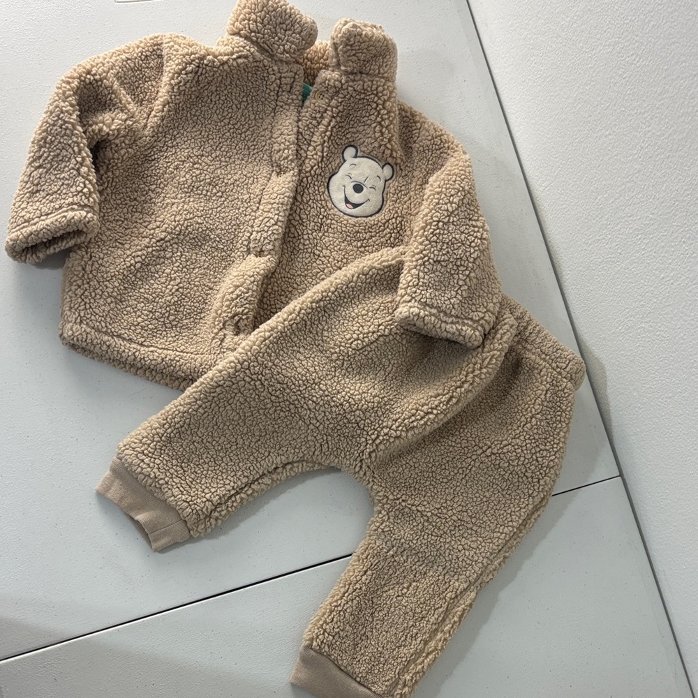 Disney Winnie the Pooh Bear Tan Sherpa Fleece Baby Outfit Set Jacket‎ Pants 6/9M